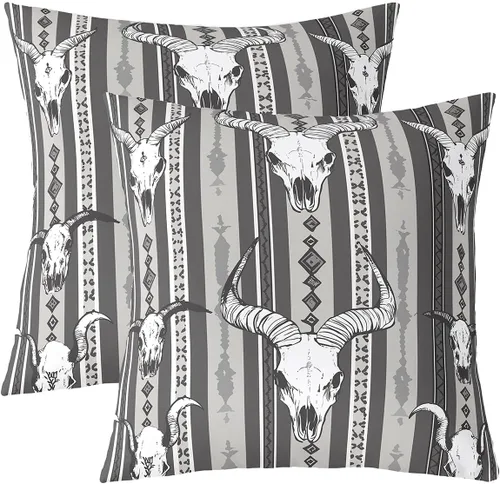 Juego de 2 fundas de almohada decorativas estilo bohemio occidental de 16 x 16 pulgadas, fundas de almohada con diseño de calavera de toro, vaquero,