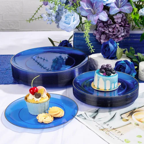 Miniatura 5 de YOUBET 175 PIEZAS Platos de Plástico Azul Transparente - Platos Desechables Azules y Dorados Incluyen 50 Platos, 75 Cubiertos, 25 Vasos, 25