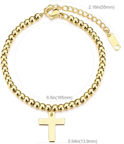 Miniatura 3 de Pulsera de cuentas de oro de 14 quilates chapada en oro con cruz y cadena de cola ajustable de 2.2in.