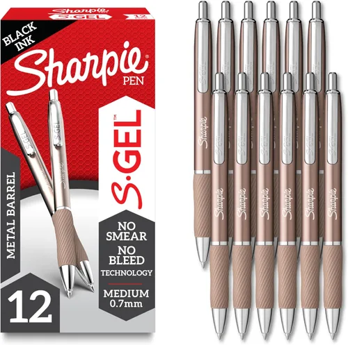 Sharpie S-Gel, bolígrafos de gel, barril de metal elegante, champán, punta media (1/32 pulgadas), tinta negra, 12 unidades