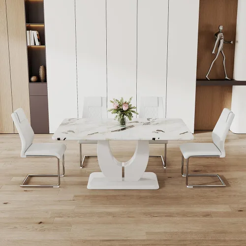 Miniatura 9 de JUFU Moderno juego de mesa de comedor y 4 sillas, juego de mesa de comedor de mármol sintético blanco para 4, juego de mesa de comedor y 4 sillas