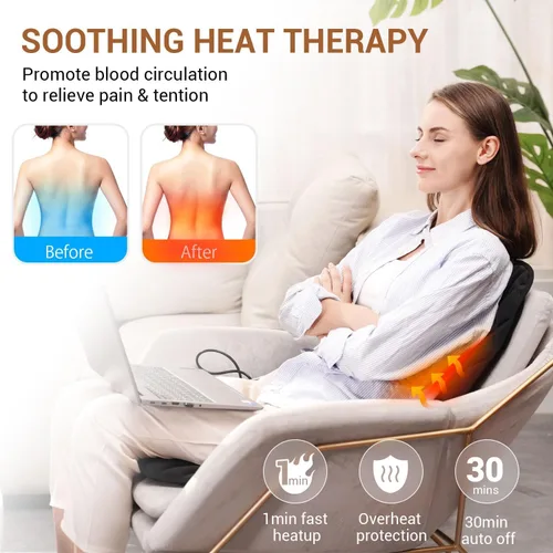 Miniatura 5 de CARSHION Masajeador de espalda con calor, funda de asiento con calefacción con 5 nodos de masaje vibratorios, almohadilla para silla para aliviar