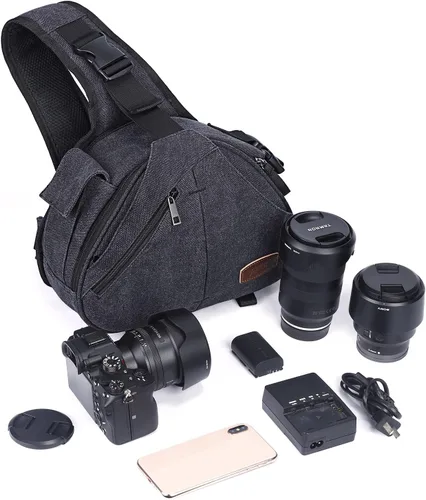 Miniatura 3 de S-ZONE Bolso bandolera de lona para cámara DSLR lente antirrobo mochila bandolera con soporte para trípode
