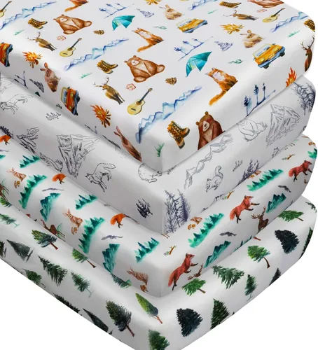 Juego de 4 sábanas ajustables unisex para cuna, diseño de animales del bosque del bosque, de madera, neutro, para bebés, niños o niñas, bosque