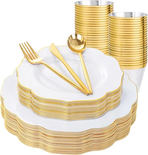 Miniatura 10 de bUCLA 180 piezas platos de plástico azul - azul marino y borde dorado desechables incluye 30 de cada uno (cena y postre) platos, 30 cuchillos, 30