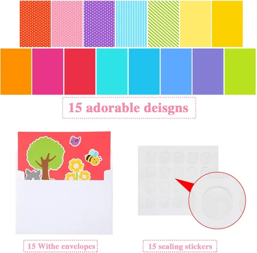 Miniatura 3 de Outus Kit de 15 tarjetas de felicitación, incluye 3 hojas de calcomanías, 15 sobres en blanco y 15 calcomanías de sellado, kit de tarjetas