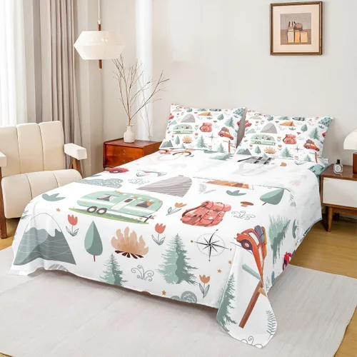 Miniatura 3 de Juego de sábanas de camping Happy Camping para niños Queen 4 piezas, juego de ropa de cama de autocaravana, juego de sábanas de accesorios de coche