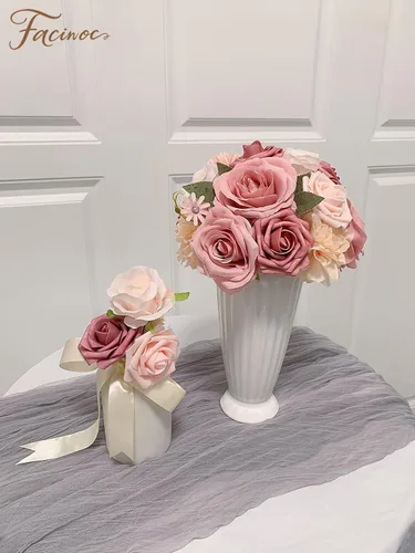 Miniatura 6 de FACINOC Juego de ramos de flores artificiales de rosas artificiales para bricolaje, decoración de despedida de soltera, arreglos florales falsos
