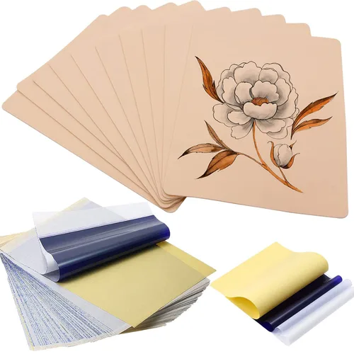 Papel de transferencia con pieles de práctica de tatuajes – 20 piezas de piel falsa y plantilla de papel, incluye 10 piezas de tatuaje en blanco