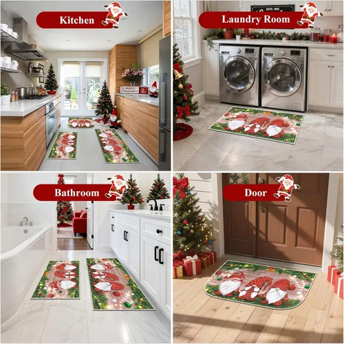Miniatura 5 de Juego de 3 tapetes de cocina de Feliz Navidad, alfombras antideslizantes de cocina para invierno y fiestas navideñas Xmas, alfombra cómoda