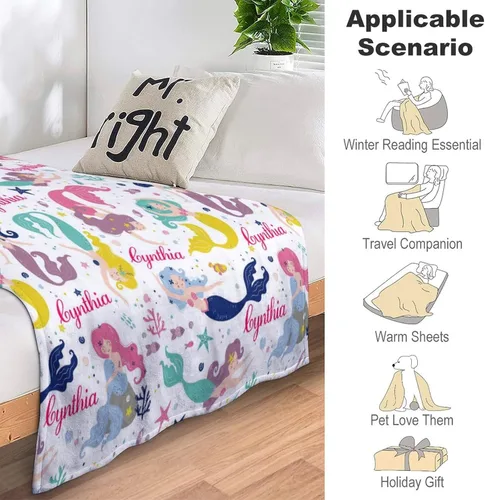 Miniatura 4 de Manta personalizada de sirena para niñas, manta de envoltura personalizada con nombre, manta de forro polar suave para niños recién nacidos, manta
