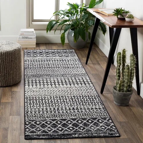Miniatura 19 de Livabliss Alfombras de Área - Alfombra Chester Boho Marroquí Negra de 2x16 para Sala de Estar y Dormitorio - Alfombra Geométrica Blanca y Gris
