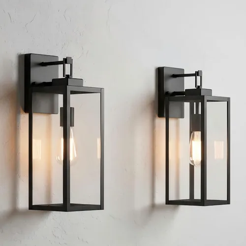 Miniatura 12 de Paquete de 2 apliques para exteriores, farol de pared de 12 pulgadas, aplique exterior pequeño de metal y vidrio, faroles negros para exteriores