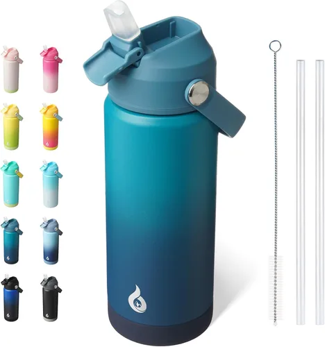Miniatura 55 de BJPKPK - Botella de agua aislada con tapa de popote, 532 ml Botellas termo con boquilla suave, asa flexible y base antideslizante, libre de BPA, a