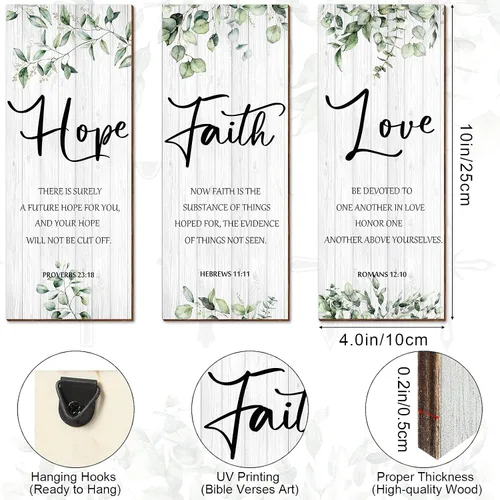 Miniatura 2 de 3 piezas de decoración de pared cristiana decoración de pared verde inspirador escritura escritura placa colgante rústico hojas signo cita