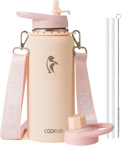 Miniatura 10 de Botella de agua Coolflask de 40 onzas con correa, botella de agua metálica aislada con popote y tapas con pico, acero inoxidable de doble pared al