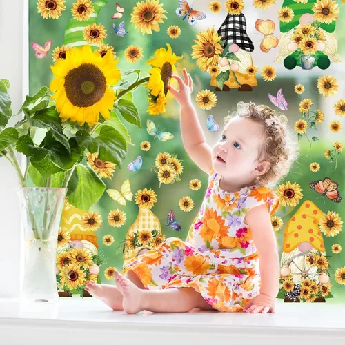 Miniatura 3 de Whaline Calcomanías para Ventana de Primavera Verano Gnomo Girasol Calcomanías de Ventana de Doble Cara Acuarela Mariposa Flor Calcomanía Pegatina