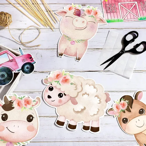 Miniatura 3 de Hotop 42 piezas de recortes florales de animales de granja, decoración de fiesta temática de granja rosa con 60 puntos de pegamento para niñas