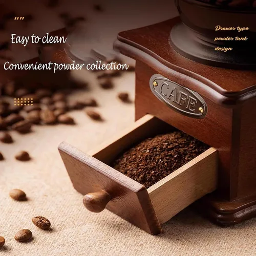 Miniatura 2 de Molinillo de café manual vintage, molinillo de grano de café con núcleo de cerámica de alta dureza con base de madera maciza y caja de polvo