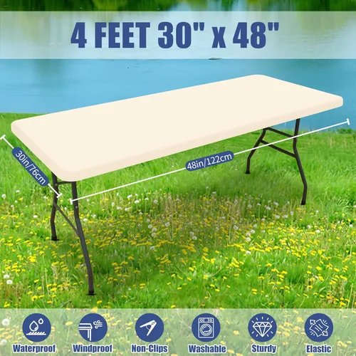 Miniatura 8 de Moosfor Paquete de 4 manteles rectangulares de elastano de 4 pies, elásticos y ajustables para pícnic, elásticos y lavables, para exteriores, Beige
