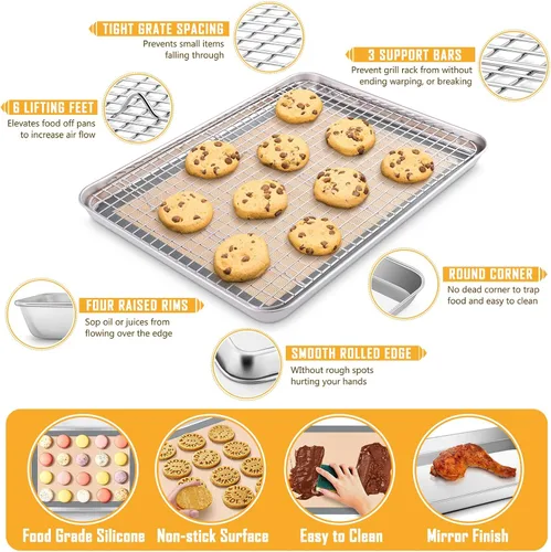 Miniatura 3 de E-far - Juego de bandejas para hornear para horno tostador, bandeja pequeña de acero inoxidable de 10.5 x 8.3 pulgadas con rejilla de alambre