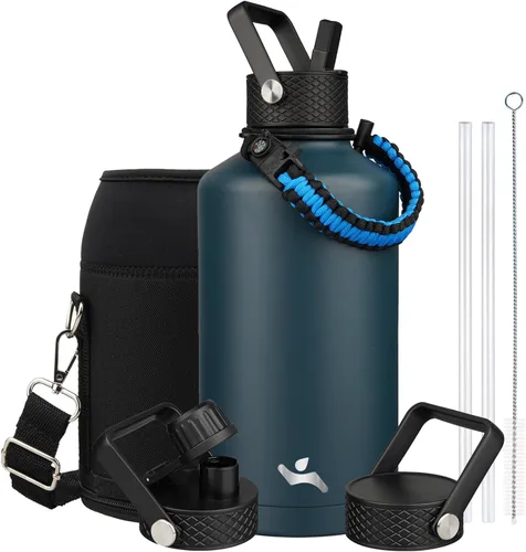 Miniatura 74 de Konokyo - Botella de agua aislada de 18 onzas, botellas deportivas de acero inoxidable con 3 tapas, verde militar