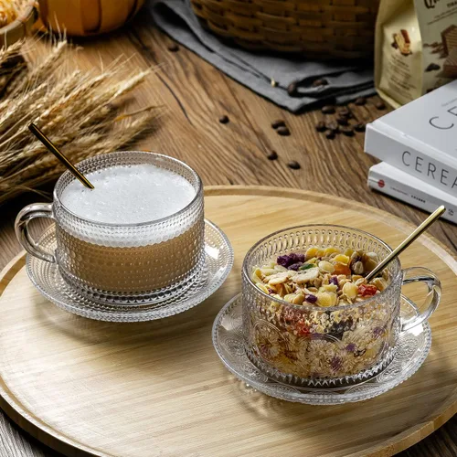 Miniatura 2 de Gezzeny Tazas de café vintage con platillos de 14 onzas, juego de 2 tazas de vidrio en relieve, tazas de té, tazas de café de vidrio para capuchino