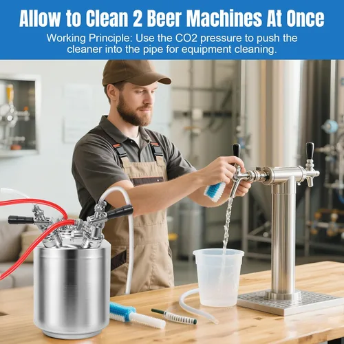 Miniatura 4 de Kit de limpieza de línea de cerveza inoxidable de 2.5 galones con lanzas 2 D para montaje de acoplador D, kit de limpieza eficiente de línea
