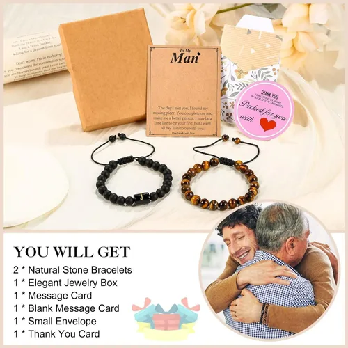 Miniatura 6 de MONOZO Regalos para el día del padre regalos para hombres y niños, 0.315 in, ojo de tigre y ágata negra, pulsera inicial con cuentas de piedra