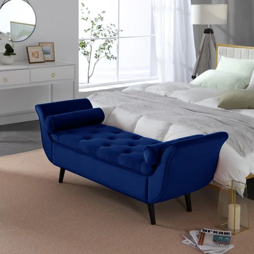 Miniatura 11 de Banco de almacenamiento de terciopelo para dormitorio, extremo de la cama con 2 almohadas, banco otomano tapizado con botones copetudos, reposapiés