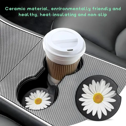 Miniatura 4 de Paquete de 2 posavasos para portavasos de coche, posavasos de cerámica absorbente con inserto para taza de margarita con muesca para el dedo, lindos