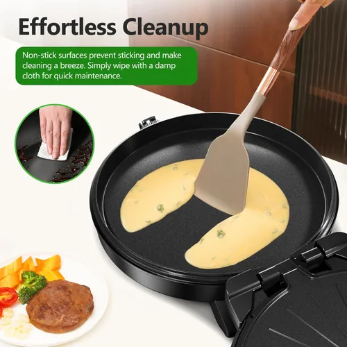 Miniatura 7 de KEINVE Plancha eléctrica de 1500 W, plancha interior 2 en 1 y máquina de pizza con temporizador de 30 minutos y apagado automático, 12 pulgadas 180°