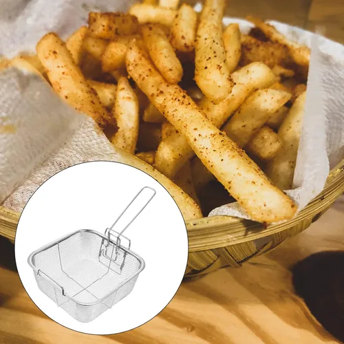 Miniatura 4 de Hemoton Cesta cuadrada de acero inoxidable para freír de 12.9 x 7.9 pulgadas con mango plegable, colador de freidora profunda para papas fritas