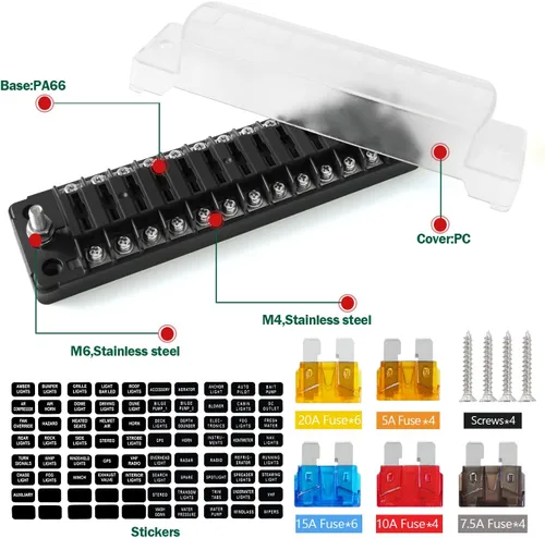 Miniatura 6 de LENKRAD Bloque de fusibles de 12 vías con caja de fusibles de hoja sin indicador de advertencia LED, 12 circuitos ATC/ATO con bus negativo, cubierta