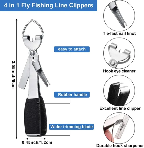 Miniatura 3 de 8 piezas de herramientas de pesca con mosca, accesorios que incluyen 4 en 1 línea de mosca cortadora de nudos negros, línea de pesca, pinza