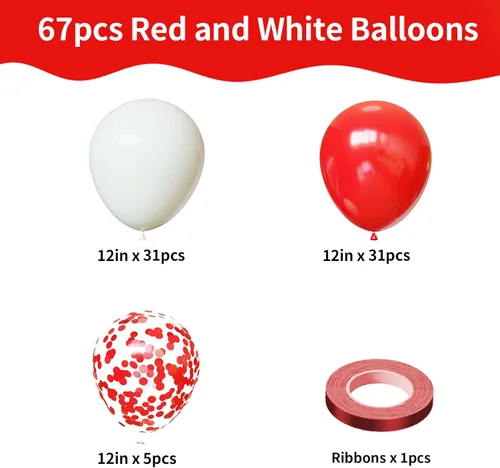Miniatura 2 de Globos rojos y blancos, 67 globos de confeti rojo de 12 pulgadas y globos blancos para el día de la madre, día de San Valentín, cumpleaños, boda