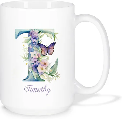 Miniatura 26 de Taza de café personalizada de la letra A del alfabeto, Taza de café blanca con nombre personalizado único, Taza inicial de monograma floral