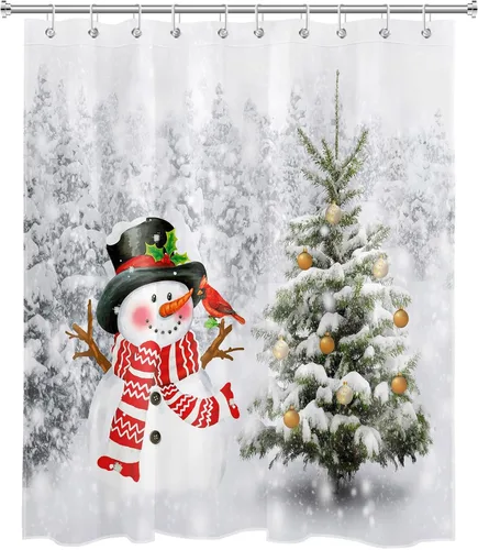 Miniatura 2 de Christmas Snowman Shower Curtain for Bathroom Cardinals and Xmas Tree with Xmas Ball on Snowfield Bathroom Shower Curtains with Hooks, Winter Forest