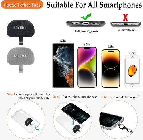 Miniatura 2 de Kaptron 2 cordones para teléfono celular: correa universal ajustable para teléfono y correa de muñeca, con 2 clips de langosta y 2 parches de Negro
