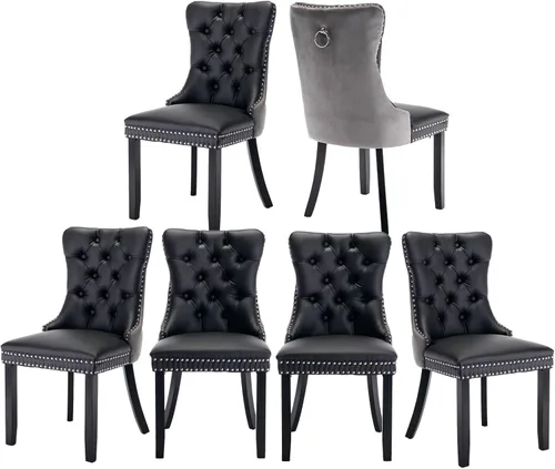 Miniatura 56 de Juego de 2 sillas de comedor de terciopelo, silla de comedor tapizada de alta gama con tirador de anillo en la espalda, adorno de clavos y patas