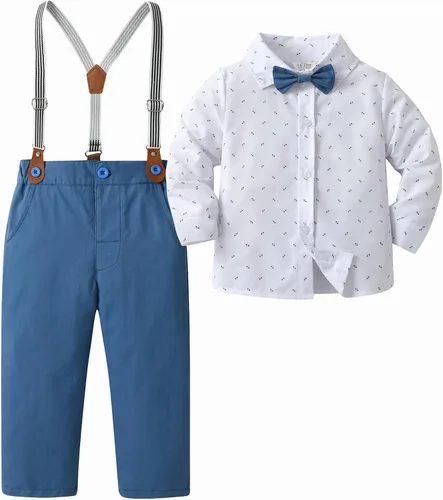 Miniatura 19 de Conjunto de pantalones para bebé, camisa de manga larga + pantalones + corbatín + tirantes, trajes de caballero para niños pequeños