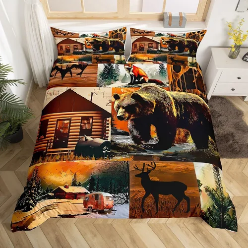 Miniatura 15 de Funda de edredón rústica tamaño Queen, juego de ropa de cama retro para cabaña de cabaña, oso de caza, ciervo, hojas de arce, funda de edredón