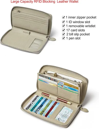Miniatura 5 de DORIS&JACKY Cartera de cuero para mujer, con bloqueo RFID, gran capacidad, cremallera alrededor de las bolsas de viaje, Cartera RFID