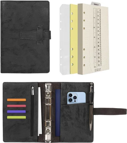 Miniatura 8 de Agenda de cuero Wonderpool A5, carpeta de cuaderno de escritura con papel punteado y cubierta con múltiples bolsillos para la escuela de negocios