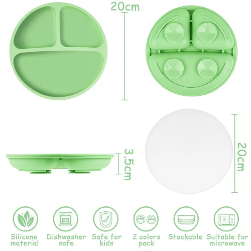 Miniatura 2 de Vicloon Plato de vajilla para niños pequeños, 2 piezas de placa de silicona con compartimentos divididos, placas de succión para bebés y niños Verde