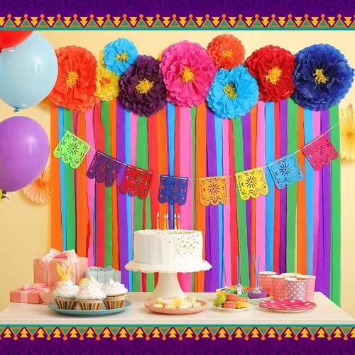 Miniatura 5 de TaoBary 16 piezas Flores de papel mexicanas, decoraciones de fiesta mexicanas, serpentina, fondo y banderines de papel picado, suministros