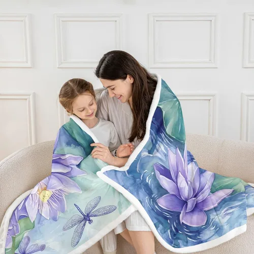 Miniatura 2 de Manfei Manta de flores de loto morado, manta de cama bohemia con libélula para niños, niñas, adultos, manta floral de acuarela para sofá, manta