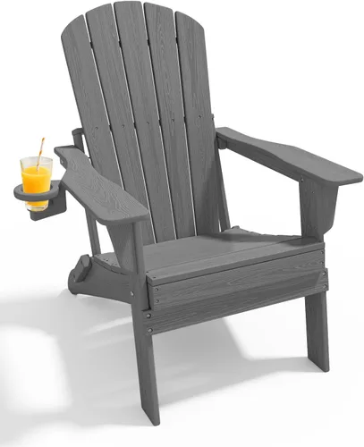 Miniatura 17 de Juego de sillas plegables Adirondack de 3 piezas, respaldo extra alto de 38 pulgadas y grano de madera en relieve, muebles de patio de polietileno