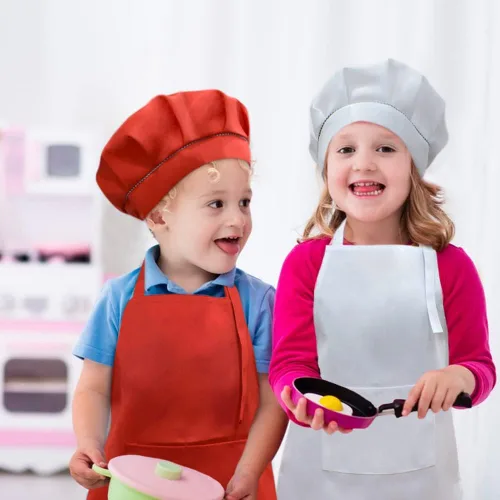 Miniatura 6 de SUNLAND Juego de delantal y gorro para niños, delantal de chef para niños para cocinar, hornear y pintar Blanco