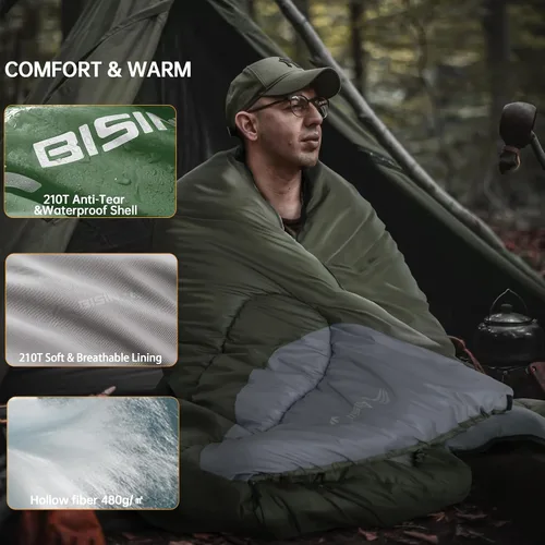 Miniatura 4 de BISINNA Saco de dormir de invierno de 0 grados (480GSM) para adultos, saco de dormir para acampar en clima frío, cómodo, cálido, portátil, con Verde